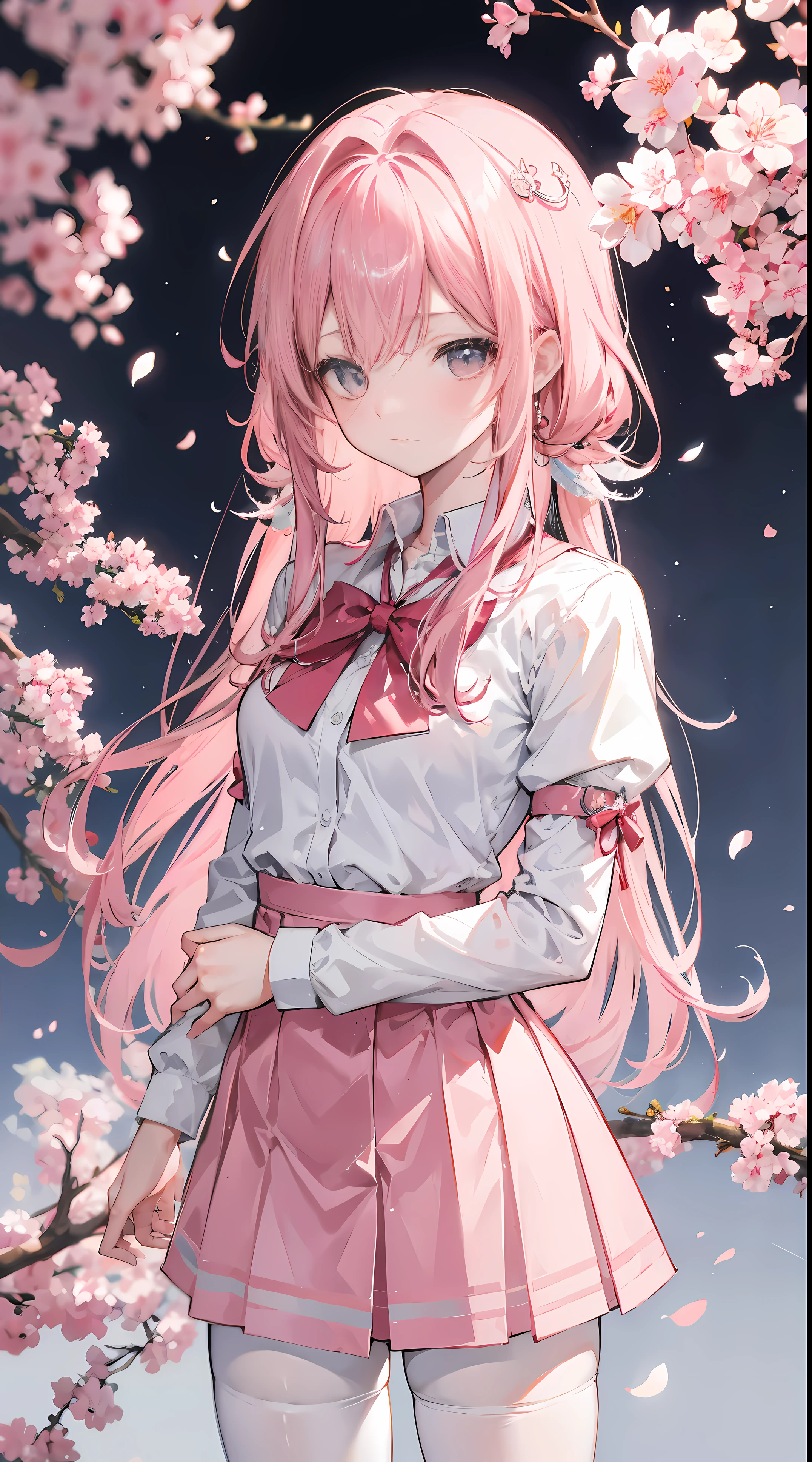 Two-dimensional anime wallpaper,Long pale pink hair,,Cherry blossom hair accessories,girl,White short-sleeved lace-up school uniform,light gray mini skirt,Bandages wrapped around his head,Medium build,The hair is a bit messy,With a dull expression,White silk pantyhose