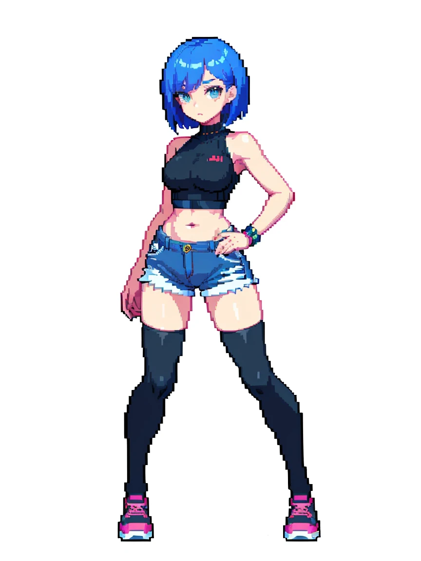 (masterpiece, top quality, best quality, less detail, 8-bit color), pixel,pixel art,1girl, fullbody, smack studio, separate body for edit, (fat), (denim shorts), (crop sweater), (navel), (midriff), (bare shoulders), (thighhighs), (shoes)