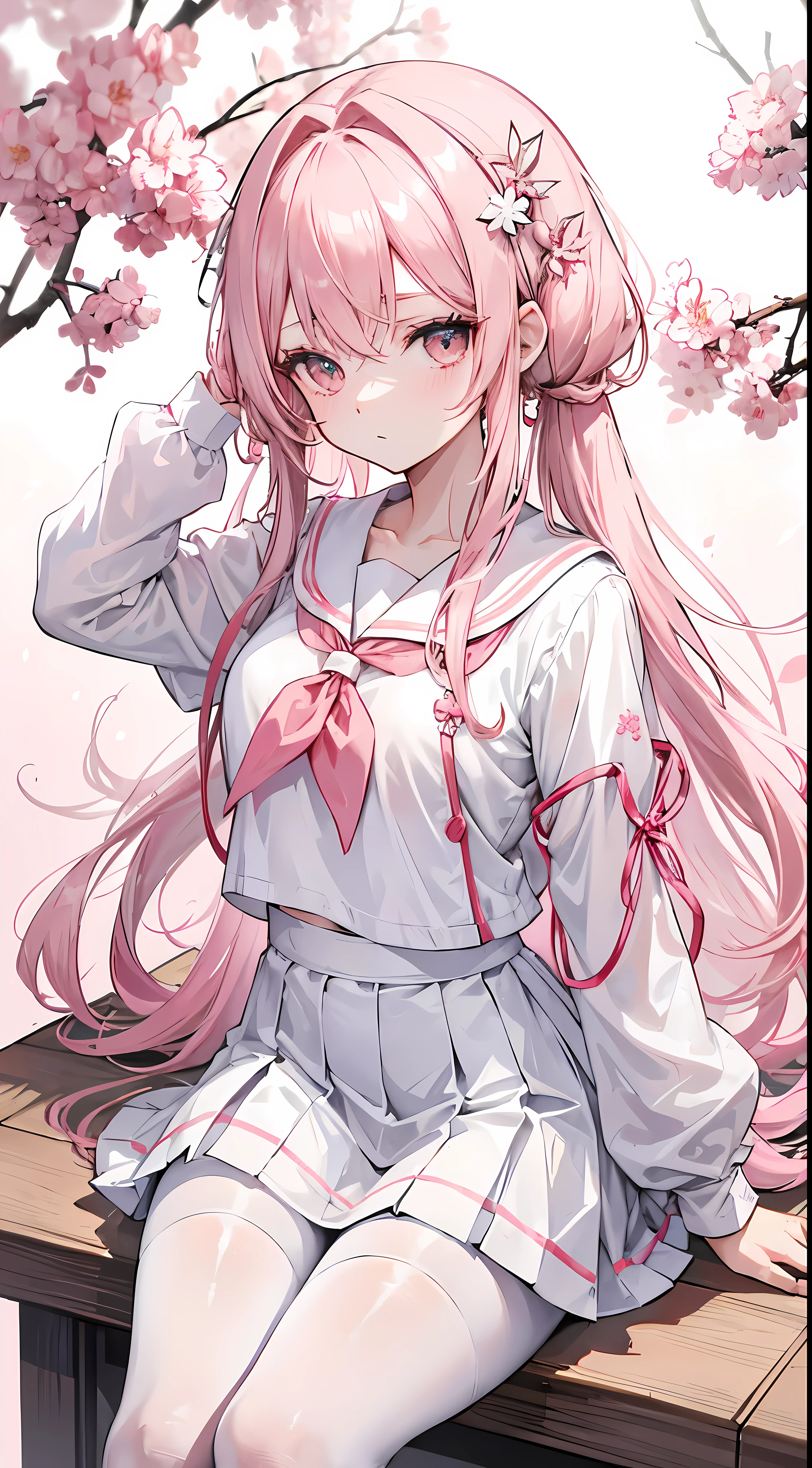 Two-dimensional anime wallpaper,Long pale pink hair,,Cherry blossom hair accessories,girl,White short-sleeved lace-up school uniform,light gray mini skirt,Bandages wrapped around his head,Medium build,The hair is a bit messy,With a dull expression,White silk pantyhose
