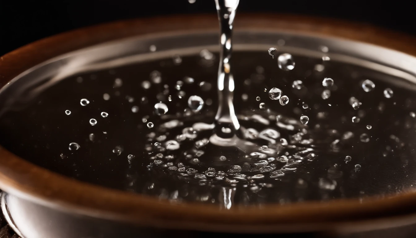 a high-speed shot of water droplets falling into a vibrating basin, freezing the moment when the droplets create captivating splashes and unique textures, highlighting the influence of vibration on the water’s behavior.