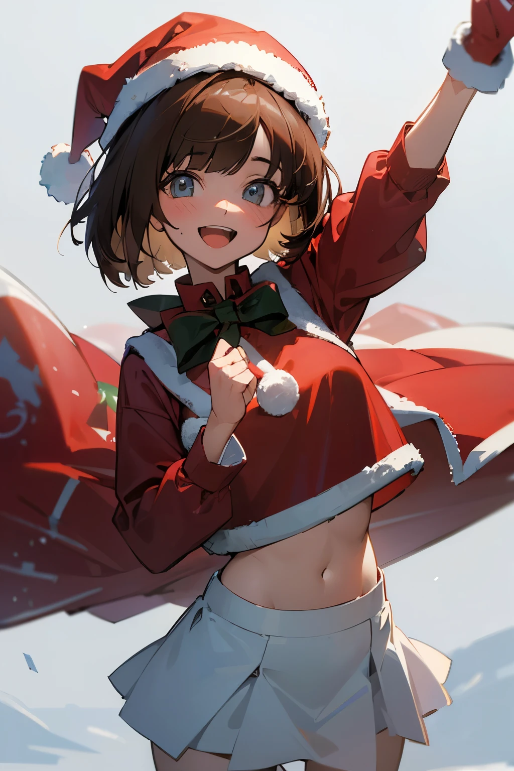 ((masterpiece)), high resolution,(best quality), (oversized croptop), high school girl, cute eyes, messy bob cut, brown hair, (Santa girl), santa hat,1 girl, solo, cowboy shot, open mouth, happy smile, snowscape