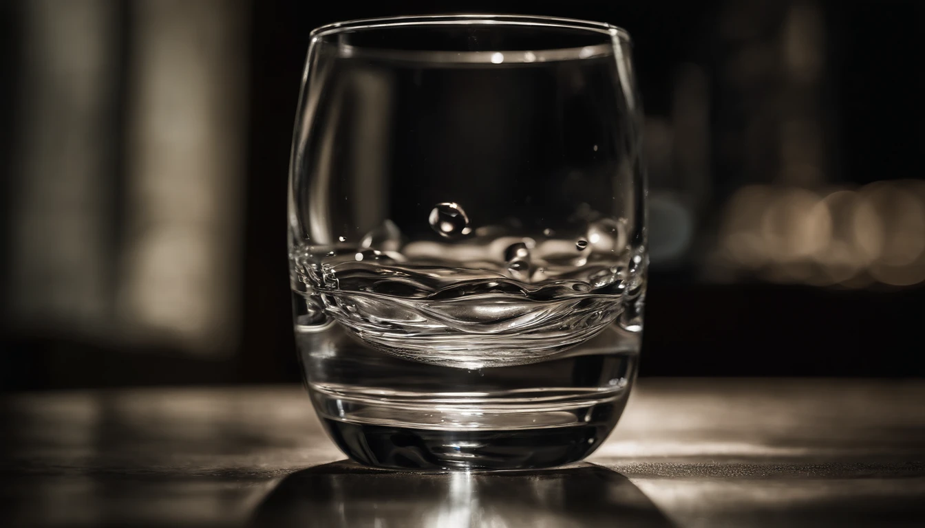 a still life shot of a glass filled with water, placed on a vibrating surface, capturing the mesmerizing distortions and patterns created by the water’s movement, with reflections playing off the textured surface