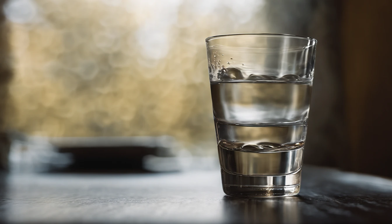 a still life shot of a glass filled with water, placed on a vibrating surface, capturing the mesmerizing distortions and patterns created by the water’s movement, with reflections playing off the textured surface