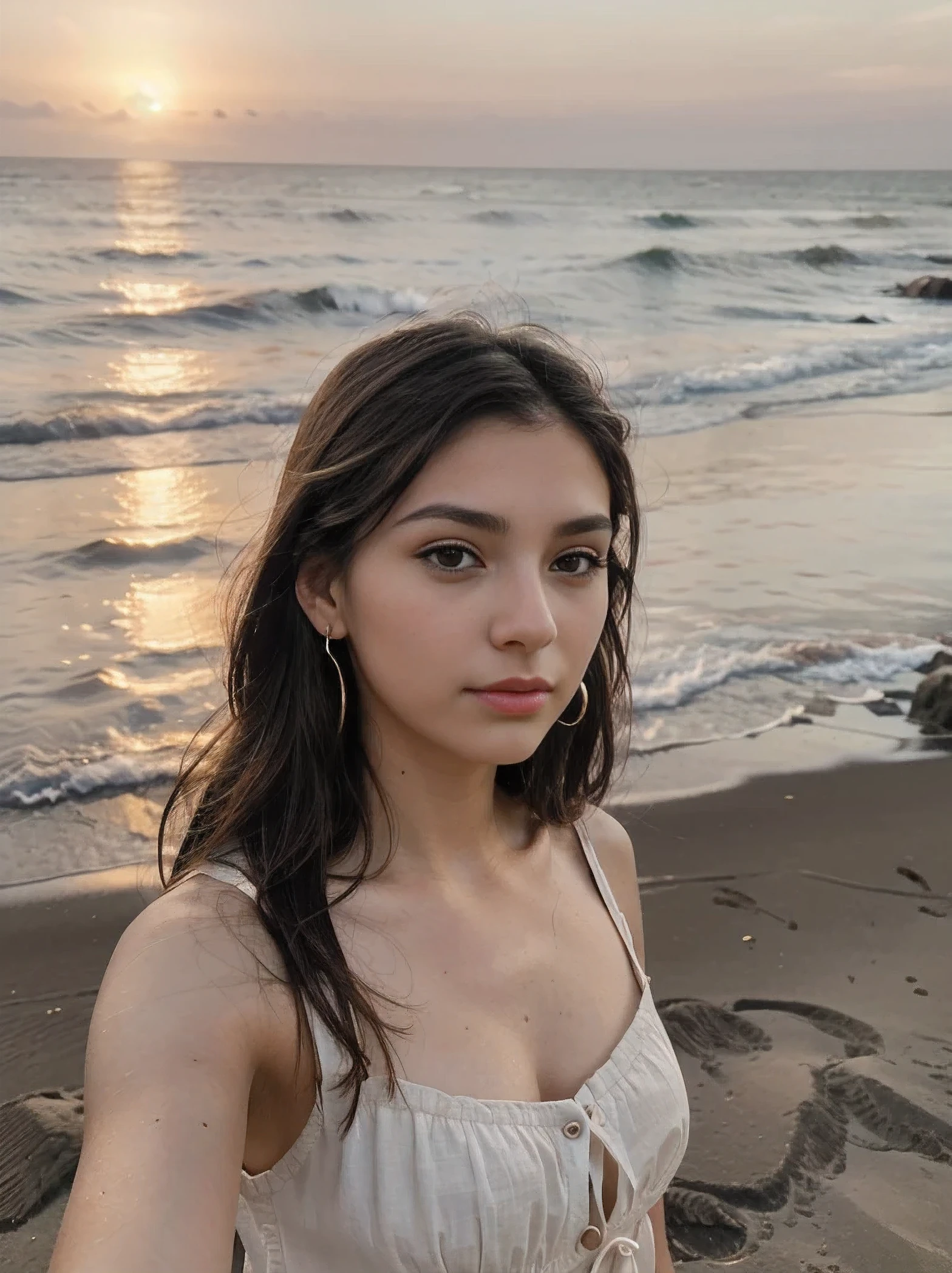 Photo of a 20 year old brunette woman, that has a very natural face, thin lips, thin eyes, thin eyebrows, thin nose, earrings, long eyelashes. She is taking a cute selfie on the seashore at sunset. There are other people walking on the shore
