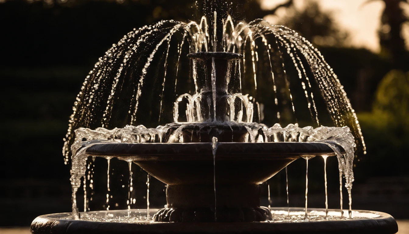 a creative shot of a water fountain under the influence of vibration, freezing the moment when the water forms intricate shapes and patterns, with light creating a beautiful interplay of shadows and highlights