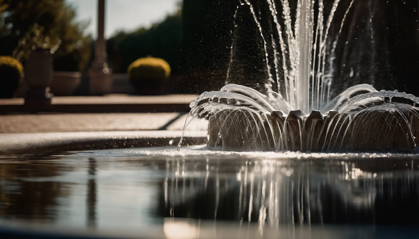 a creative shot of a water fountain under the influence of vibration, freezing the moment when the water forms intricate shapes and patterns, with light creating a beautiful interplay of shadows and highlights