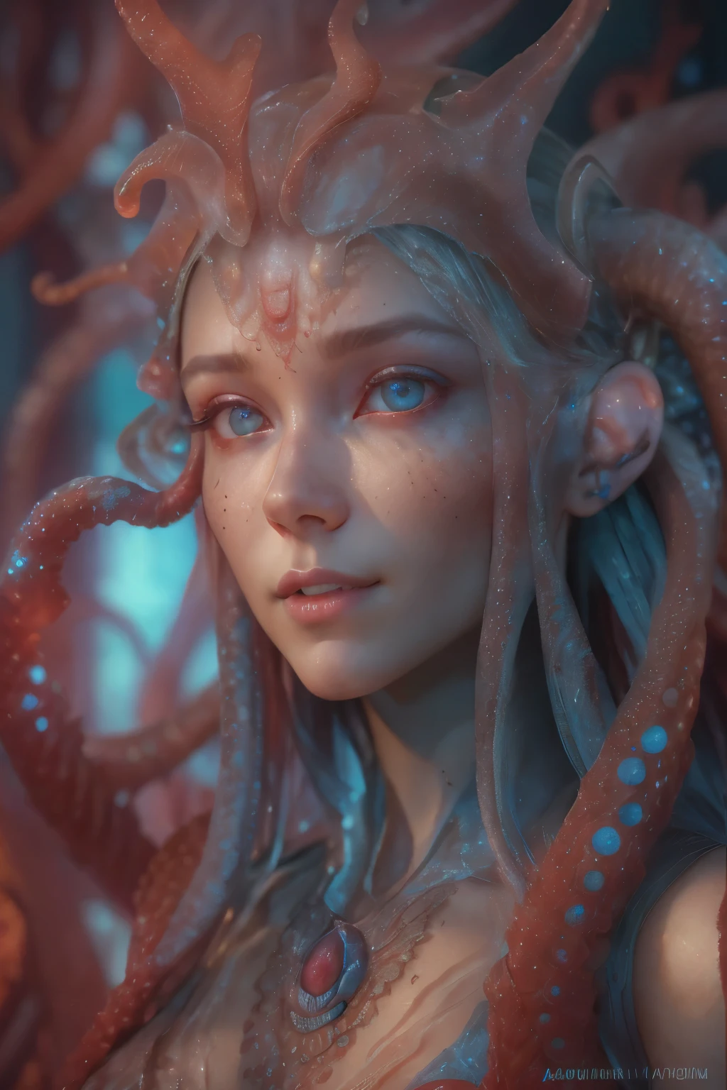 Portrait, (beautiful female alien:1.2), (There is a female genital-like organ in the middle of the forehead.:1.8), (The most beautiful face in the history of the universe:1.2), (scarlet eyes:1.6), (Translucent skin:1.8), an evil gaze that seduces, (red eyes:1.5), (large mouth:1.1), sharp teeth like a shark, Full body like, (bio luminescent:1.2), (Smile wickedly:1.3), (sexypose:1.5), alien, No humans, cells are fused, (Lots of translucent tentacles:1.1) (Translucent skin:1.3), extraterrestrial, cell, bio image, Best Quality, 8K,4K_quality, High Definition, Dramatic Lighting, masutepiece:1.5,cinematic quality, detail up, (Intricate details:1.2), High resolution, High Definition, drawing faithfully, (Thick eyebrows:1.2), Beautiful eyes with fine symmetry, (Ultra detailed eyes:1.2),(Highly detailed face and eyes:1.2), (High-resolution red-eye:1.4), Intimate face, (Super detailed skin quality feeling:1.4), Perfect Anatomy, (Beautiful toned body:1.5), (Moist skin:1.2), No makeup, (dark circles:1.1), long canines, cinematic drawing of characters, ultra high quality model, cinematic quality, detail up, (Intricate details:1.2), High resolution, High Definition, drawing faithfully, Official art, Unity 8K wall , 8K Portrait, Best Quality, Very High resolution, ultra detailed artistic photography, midnight aura, unreal enginee 5, Ultra Sharp Focus, art by alberto seveso, ArtGerm, Roisch, intricate artwork, best quality, masutepiece, ultra High resolution, (photos realistic:1.4), Ultra-realistic realism, dream-like, nautilus, Creation of fantasy, Snail, Dream Snail, biopunk nautilus, Thrilling color schemes, Ultra-realistic realism, seductively smiling, Blue tentacles