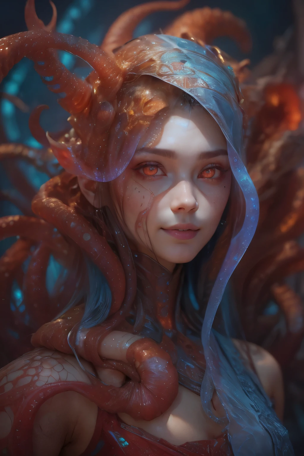 Portrait, (beautiful female alien:1.2), (There is a female genital-like organ in the middle of the forehead.:1.8), (The most beautiful face in the history of the universe:1.2), (scarlet eyes:1.6), (Translucent skin:1.8), an evil gaze that seduces, (red eyes:1.5), (large mouth:1.1), sharp teeth like a shark, Full body like, (bio luminescent:1.2), (Smile wickedly:1.3), (sexypose:1.5), alien, No humans, cells are fused, (Lots of translucent tentacles:1.1) (Translucent skin:1.3), extraterrestrial, cell, bio image, Best Quality, 8K,4K_quality, High Definition, Dramatic Lighting, masutepiece:1.5,cinematic quality, detail up, (Intricate details:1.2), High resolution, High Definition, drawing faithfully, (Thick eyebrows:1.2), Beautiful eyes with fine symmetry, (Ultra detailed eyes:1.2),(Highly detailed face and eyes:1.2), (High-resolution red-eye:1.4), Intimate face, (Super detailed skin quality feeling:1.4), Perfect Anatomy, (Beautiful toned body:1.5), (Moist skin:1.2), No makeup, (dark circles:1.1), long canines, cinematic drawing of characters, ultra high quality model, cinematic quality, detail up, (Intricate details:1.2), High resolution, High Definition, drawing faithfully, Official art, Unity 8K wall , 8K Portrait, Best Quality, Very High resolution, ultra detailed artistic photography, midnight aura, unreal enginee 5, Ultra Sharp Focus, art by alberto seveso, ArtGerm, Roisch, intricate artwork, best quality, masutepiece, ultra High resolution, (photos realistic:1.4), Ultra-realistic realism, dream-like, nautilus, Creation of fantasy, Snail, Dream Snail, biopunk nautilus, Thrilling color schemes, Ultra-realistic realism, seductively smiling, Blue tentacles