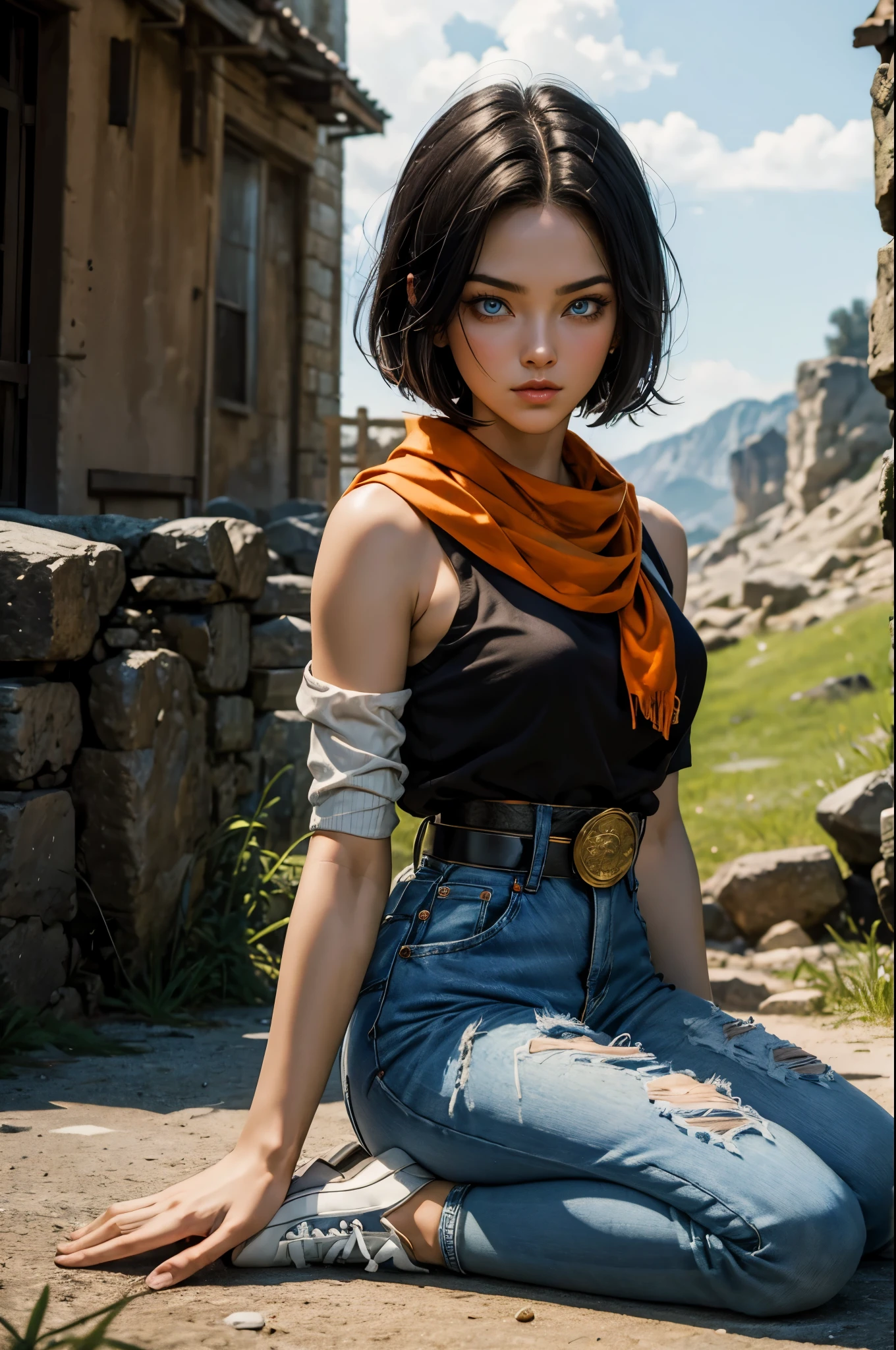 (masterpiece), best quality, expressive eyes, perfect face, highres, 1 girl, solo, android 17 girl, (female body:1.3), blue eyes, black hair,parted hair,short hair, black shirt, jeans, layered shirt, white sleeves,orange bandana, blue sneakers, green socks, brown belt, red patch, outdoor, landscape, sitting on floor, portrait, looking at the viewer