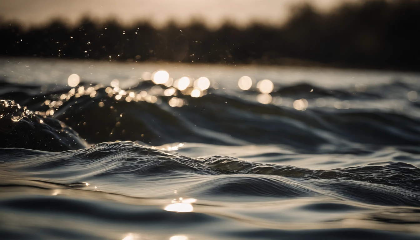 a dynamic shot of water waves on a lake or pond, captured while a vibrating source is nearby, showcasing the intricate patterns and textures created by the interference of the waves and the vibrations