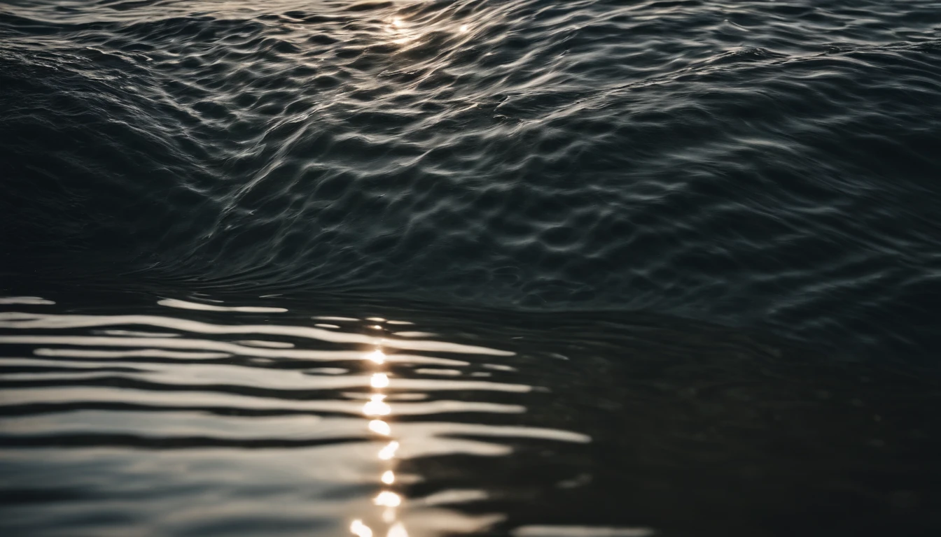 a dynamic shot of water waves on a lake or pond, captured while a vibrating source is nearby, showcasing the intricate patterns and textures created by the interference of the waves and the vibrations