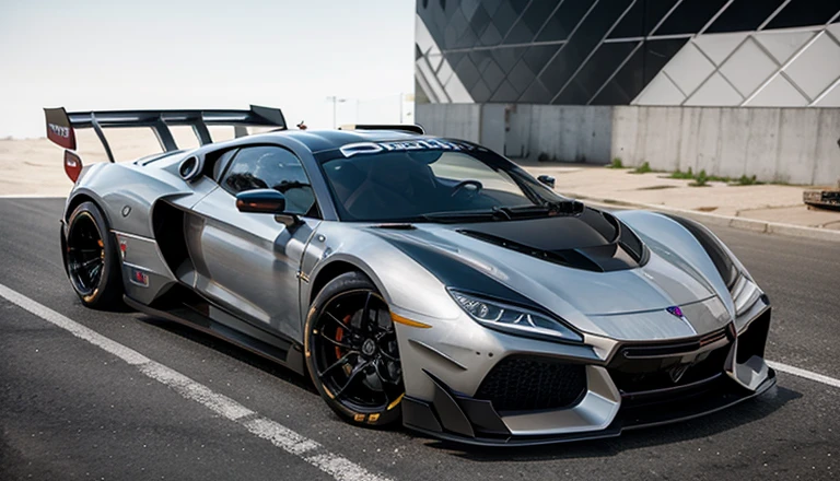 Desenvolva uma livery para um carro de corrida com um tema futurista, using metallic tones and geometric elements.