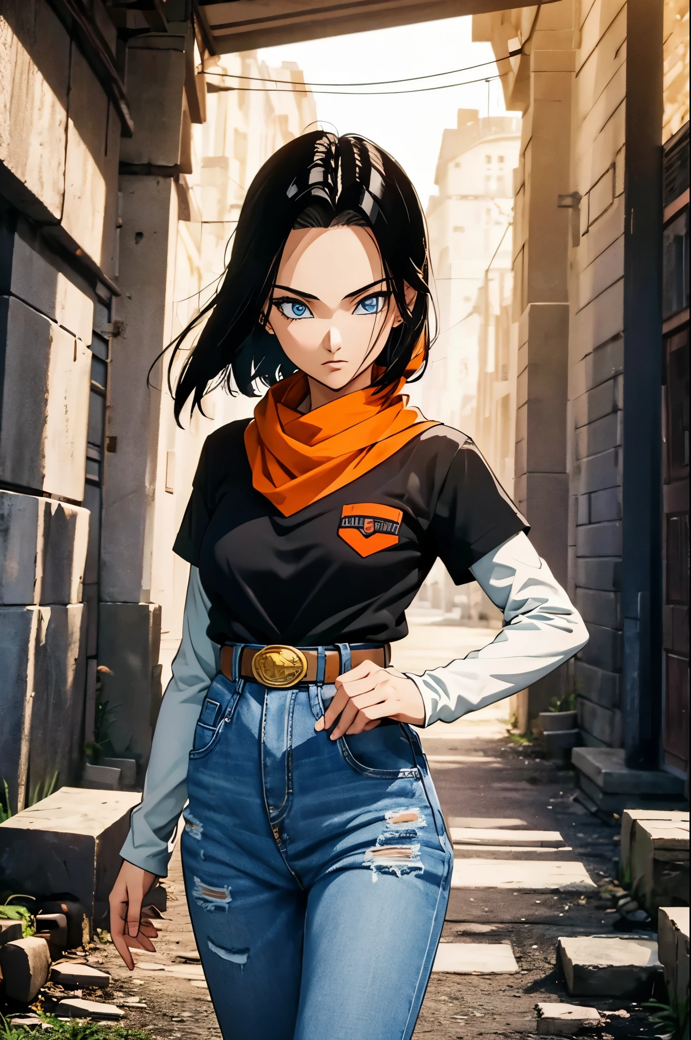 (masterpiece), best quality, expressive eyes, perfect face, highres, 1 girl, solo, android 17 girl, (female body:1.3), blue eyes, black hair,parted hair,short hair, black shirt, jeans, layered shirt, white sleeves,orange bandana, blue sneakers, green socks, brown belt, red patch, outdoor, landscape, standing, portrait, looking at the viewer