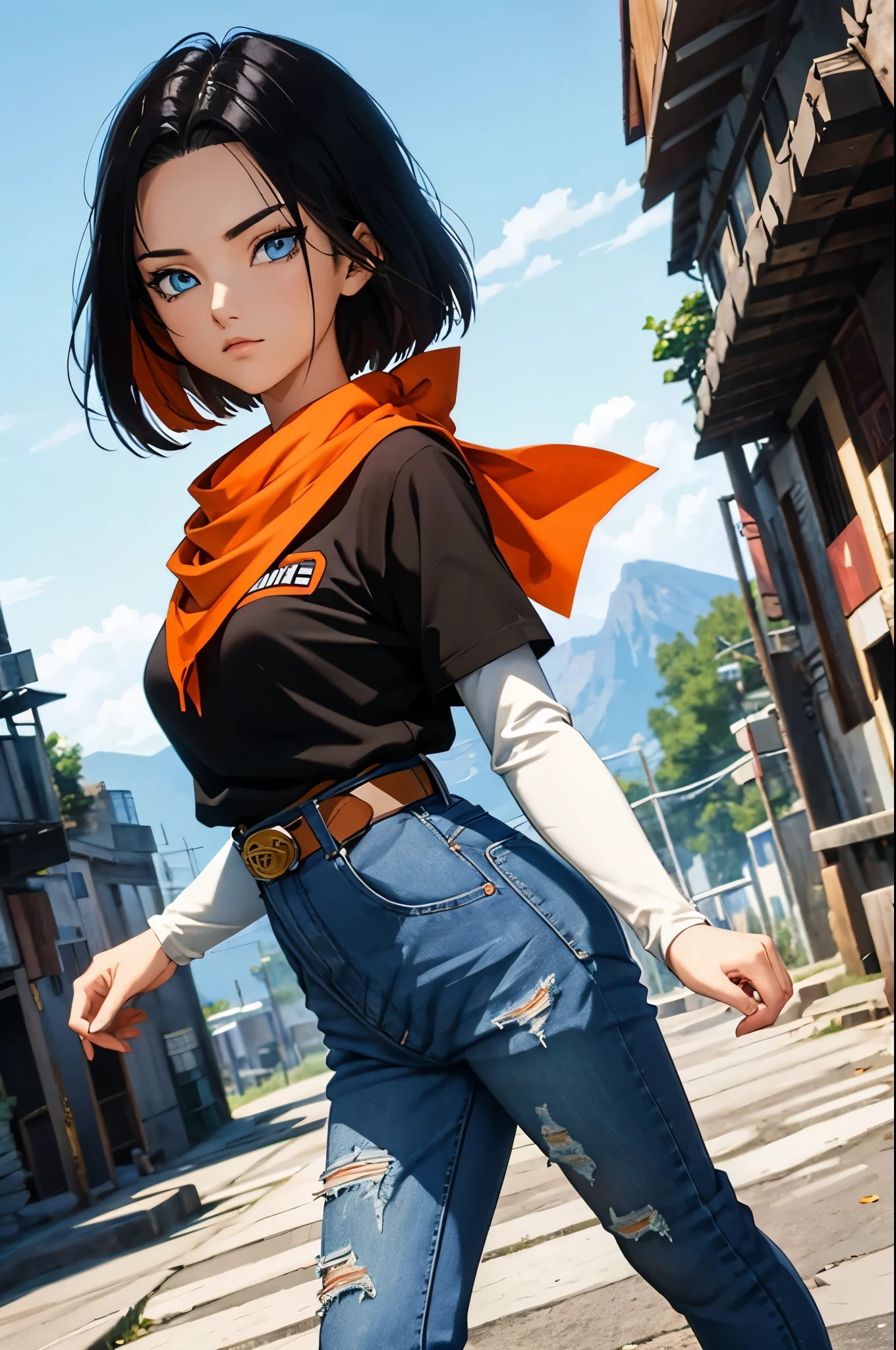 (masterpiece), best quality, expressive eyes, perfect face, highres, 1 girl, solo, android 17 girl, (female body:1.3), blue eyes, black hair,parted hair,short hair, black shirt, jeans, layered shirt, white sleeves,orange bandana, blue sneakers, green socks, brown belt, red patch, outdoor, landscape, standing, portrait, looking at the viewer