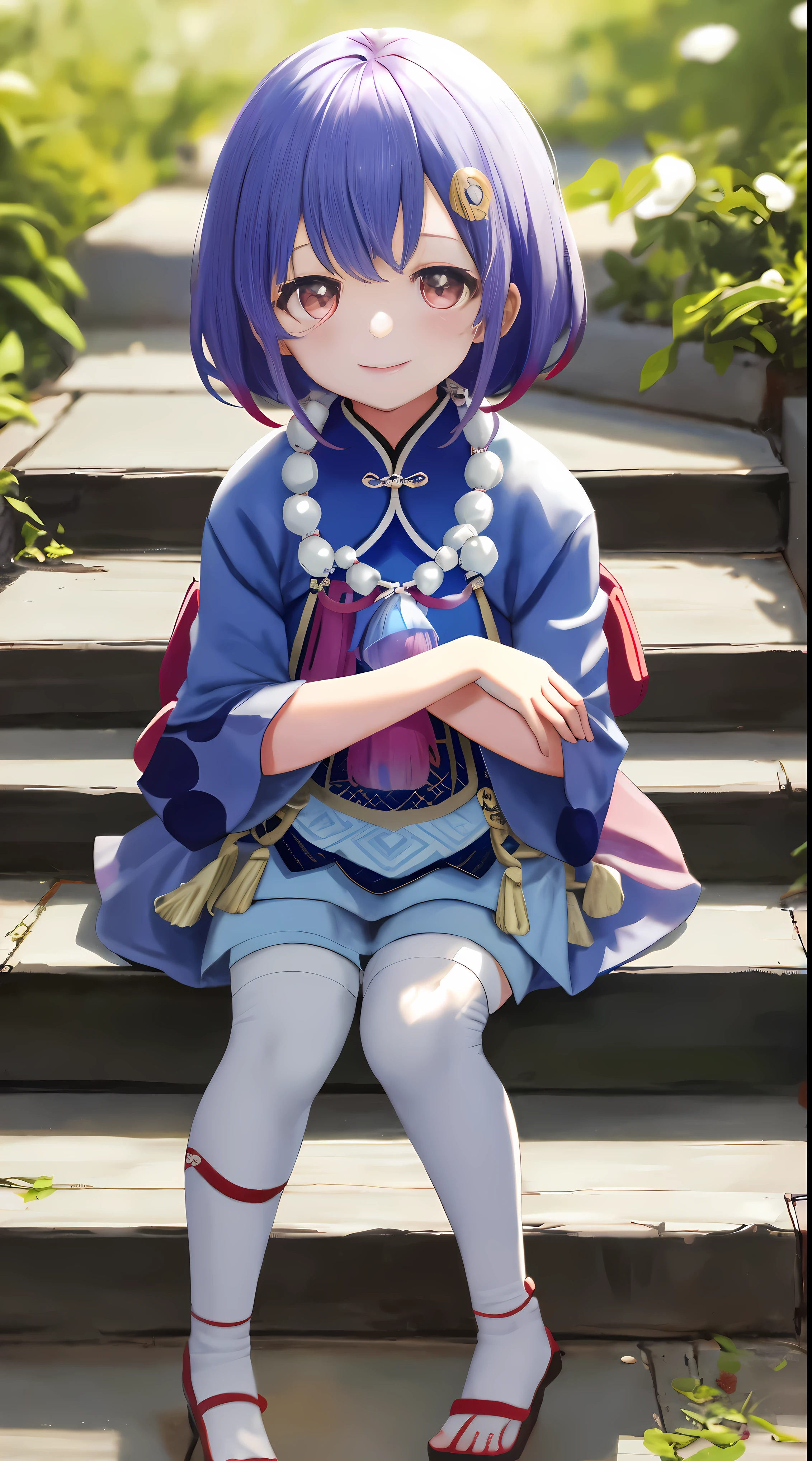 Chi Chi De, Full body lesbian, sitted, ssmile, The face is red, Outdoor sports, day, Background with, blue day空, Short hair details, day空, temple, looking at viewert, sitted on stairs, Monte, Moody light,
