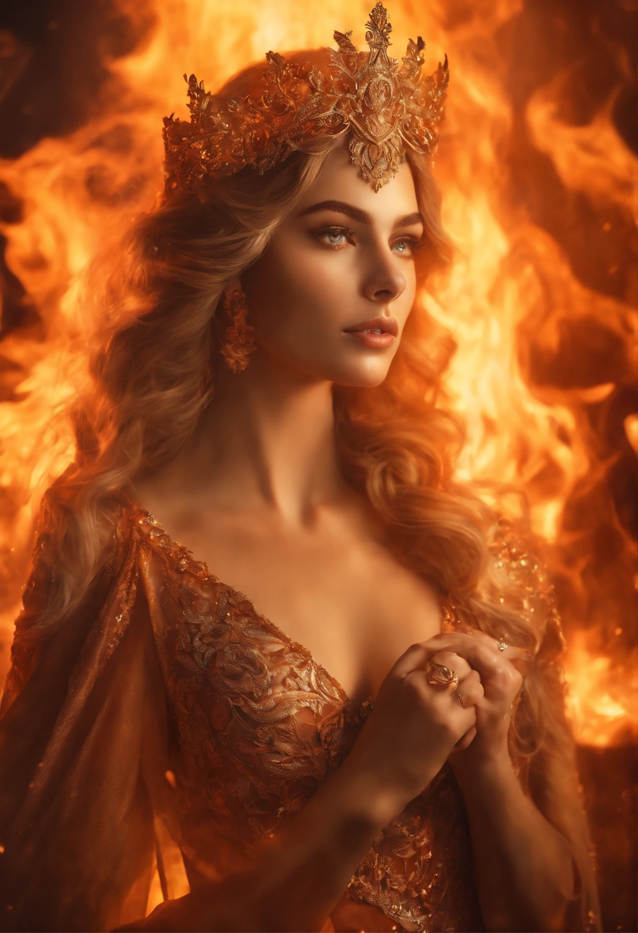 This is a realistic fantasy art work featuring realistic fire, Including a wisp of flame, Blazing embers, subtle cigarette, and a beautiful fire druid. The druid stands in the midst of a raging inferno,The composition is interesting. ella face is expertly sculpted, Featuring elegant and refined features with perfectly shaded and realistic skin textures. ella (Orange and gold eyes) Amazing,is the focus of this picture. (((ella eyes extremely detailed, 美丽细致的眼睛, and macro))). ella eyes feature intricate detailing with clearly defined irises and bright sclera. ella soft lips are smooth and very puffy, ella的皮肤装饰着淡淡的红晕和华丽的火焰细节. ella long gown is stunning and expensive, Made of pure fire,glittery, 华丽的珠宝在火光下glittery. ella billowing gown glitters from the flames and features a delicately and intricately embroidered bodice with wisps of flames running across it. Contains fantasy elements,such as bumps, steins, fiery red iridescence, Glowing embers, silkouette, and an interesting background. Includes fiery magical creatures,such as firebirds and fire butterflieudes an aura of magic and mystery. lamplight: Take advantage of the latest lighting trends to enhance the beauty of your artwork. cameras: Use dynamic composition to create a sense of urgency and excitement. Draw inspiration from the current fantasy genre, Includes popular artists on Artstation and Midjourney. ((tmasterpiece))