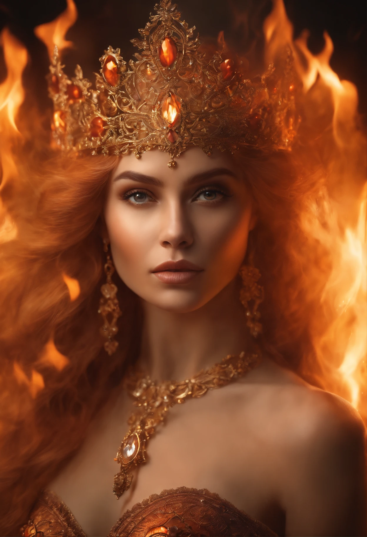 This is a realistic fantasy art work featuring realistic fire, Including a wisp of flame, Blazing embers, subtle cigarette, and a beautiful fire druid. The druid stands in the midst of a raging inferno,The composition is interesting. ella face is expertly sculpted, Featuring elegant and refined features with perfectly shaded and realistic skin textures. ella (Orange and gold eyes) Amazing,is the focus of this picture. (((ella eyes extremely detailed, 美丽细致的眼睛, and macro))). ella eyes feature intricate detailing with clearly defined irises and bright sclera. ella soft lips are smooth and very puffy, ella的皮肤装饰着淡淡的红晕和华丽的火焰细节. ella long gown is stunning and expensive, Made of pure fire,glittery, 华丽的珠宝在火光下glittery. ella billowing gown glitters from the flames and features a delicately and intricately embroidered bodice with wisps of flames running across it. Contains fantasy elements,such as bumps, steins, fiery red iridescence, Glowing embers, silkouette, and an interesting background. Includes fiery magical creatures,such as firebirds and fire butterflieudes an aura of magic and mystery. lamplight: Take advantage of the latest lighting trends to enhance the beauty of your artwork. cameras: Use dynamic composition to create a sense of urgency and excitement. Draw inspiration from the current fantasy genre, Includes popular artists on Artstation and Midjourney. ((tmasterpiece))