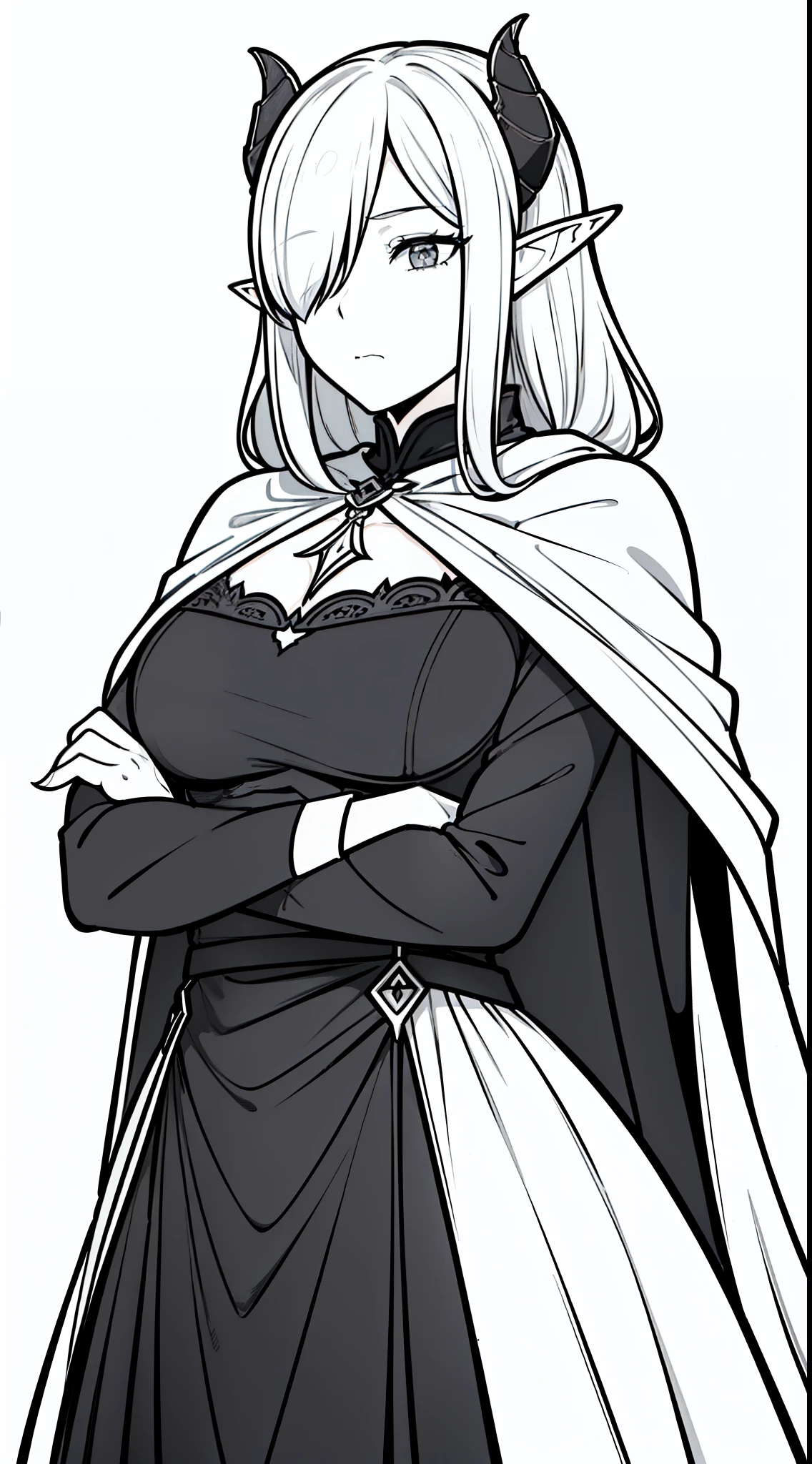 1adult Woman,solo,40 years old,tall,((mature female)),horns,(((expressionless face))),crossed arms,medium breats,white hair,long hair,(((black dress,black cape,elf ears))),((hair over one eye)),(white background,monochrome,line drawing),cowboy shot