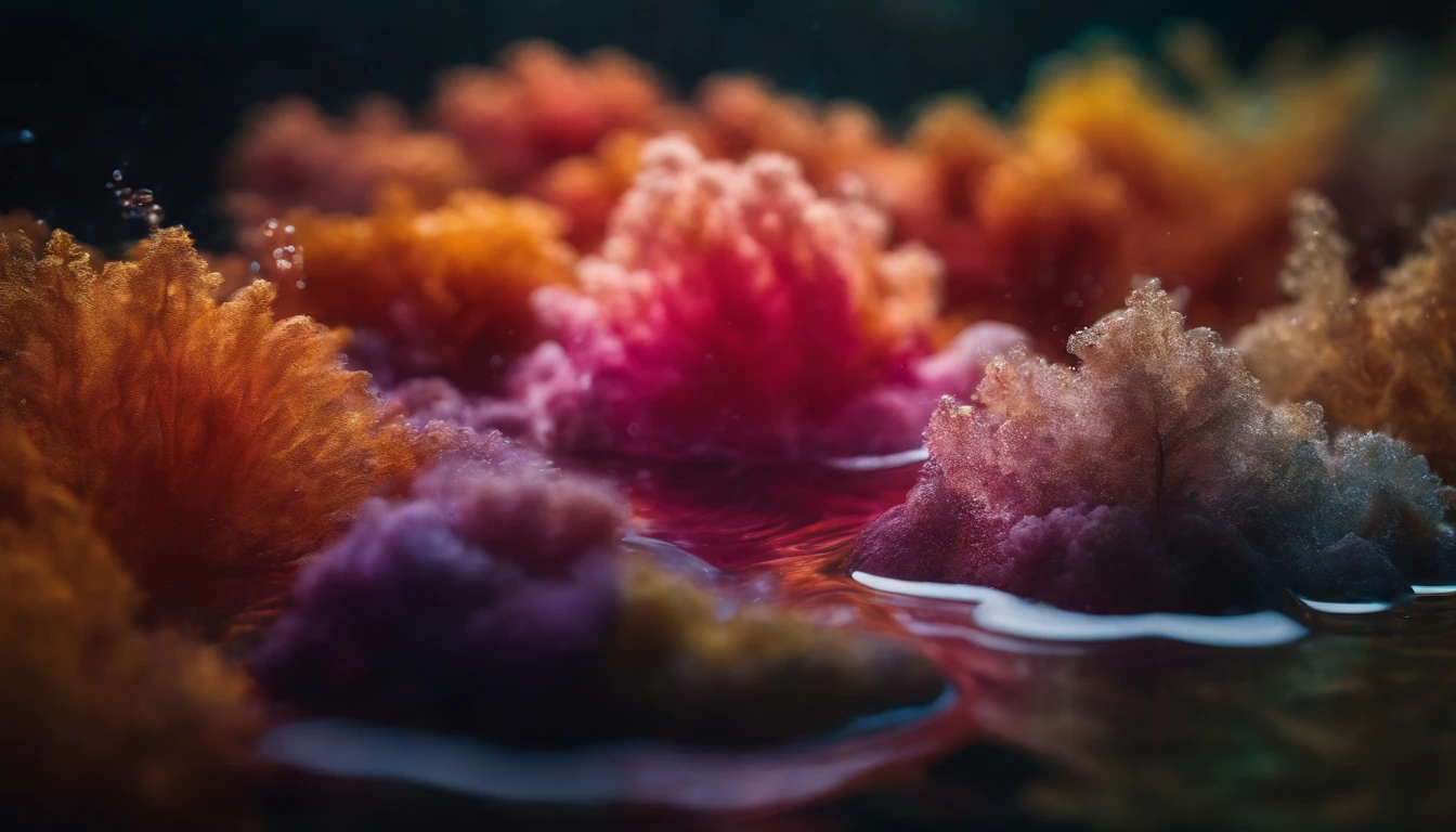 a top-down shot of a vibrating water surface, with colorful dyes or pigments added, capturing the intricate and vibrant patterns created as the colors mix and disperse through the water under the influence of vibration