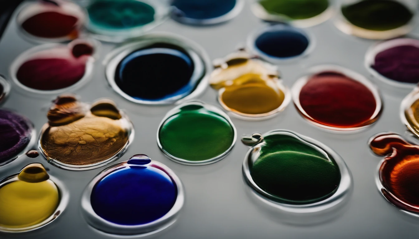 a top-down shot of a vibrating water surface, with colorful dyes or pigments added, capturing the intricate and vibrant patterns created as the colors mix and disperse through the water under the influence of vibration