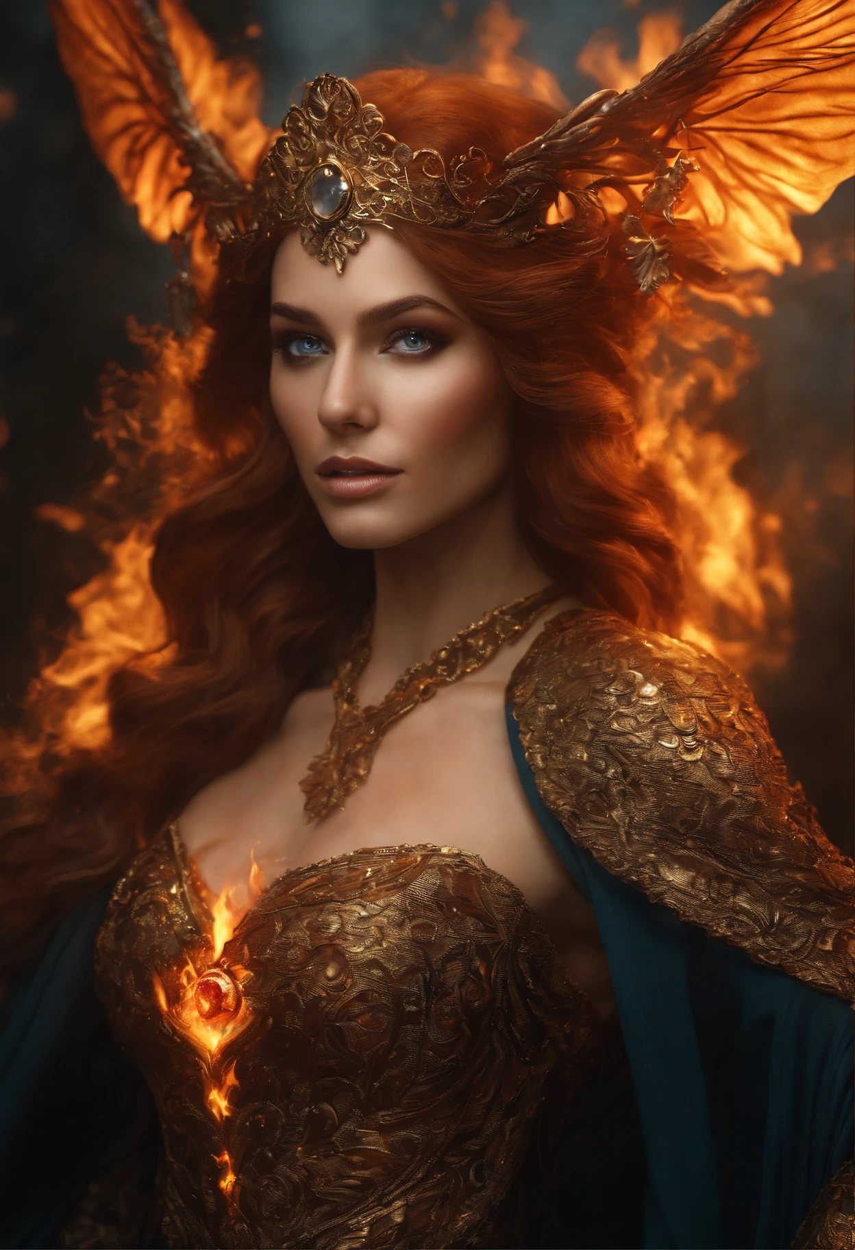 This is a realistic fantasy art work featuring realistic fire, Including a wisp of flame, Blazing embers, subtle cigarette, and a beautiful fire druid. The druid stands in the midst of a raging inferno,The composition is interesting. ella face is expertly sculpted, Featuring elegant and refined features with perfectly shaded and realistic skin textures. ella (Orange and gold eyes) Amazing,is the focus of this picture. (((ella eyes extremely detailed, 美丽细致的眼睛, and macro))). ella eyes feature intricate detailing with clearly defined irises and bright sclera. ella soft lips are smooth and very puffy, ella的皮肤装饰着淡淡的红晕和华丽的火焰细节. ella long gown is stunning and expensive, Made of pure fire,glittery, 华丽的珠宝在火光下glittery. ella billowing gown glitters from the flames and features a delicately and intricately embroidered bodice with wisps of flames running across it. Contains fantasy elements,such as bumps, steins, fiery red iridescence, Glowing embers, silkouette, and an interesting background. Includes fiery magical creatures,such as firebirds and fire butterflieudes an aura of magic and mystery. lamplight: Take advantage of the latest lighting trends to enhance the beauty of your artwork. cameras: Use dynamic composition to create a sense of urgency and excitement. Draw inspiration from the current fantasy genre, Includes popular artists on Artstation and Midjourney. ((tmasterpiece))