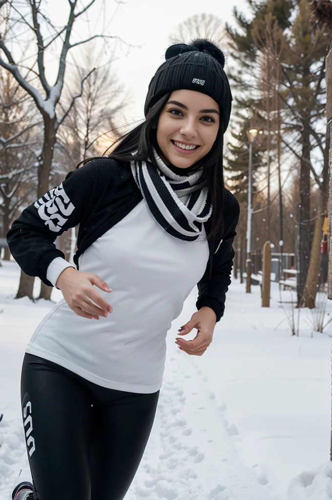 28 years old Italian girl, black hair, running outside in winter season, with long leggins, smiling, hat.
