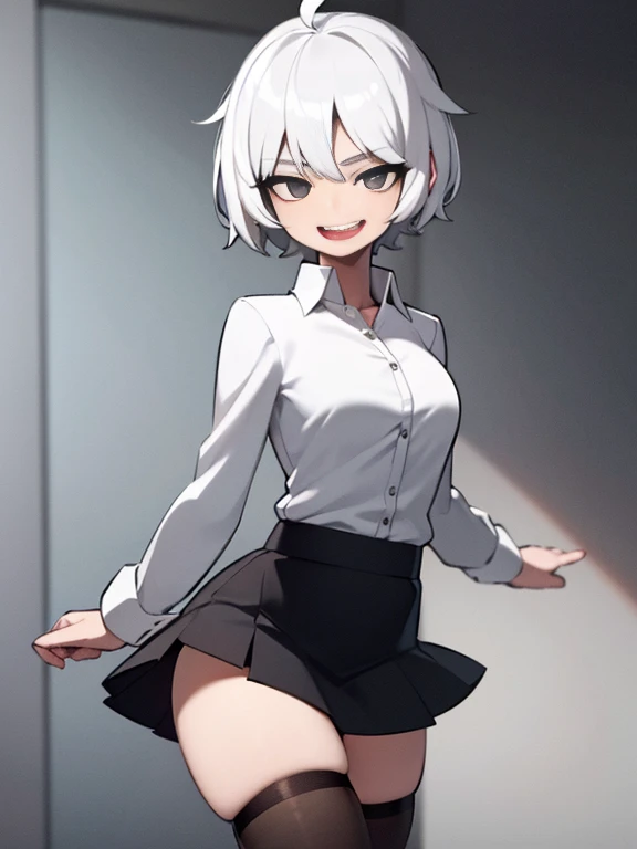 ((masterpiece, best quality)), (1girl), (solo), (female focus), (ahoge, white hair, short hair), black eyes, light smile, tongue out, big breats, big thighs, big ass ((white shirt), (buttoned shirt), (button gap)), ((black skirt), (short skirt)), standing, white background, arms behind back, dynamic angle