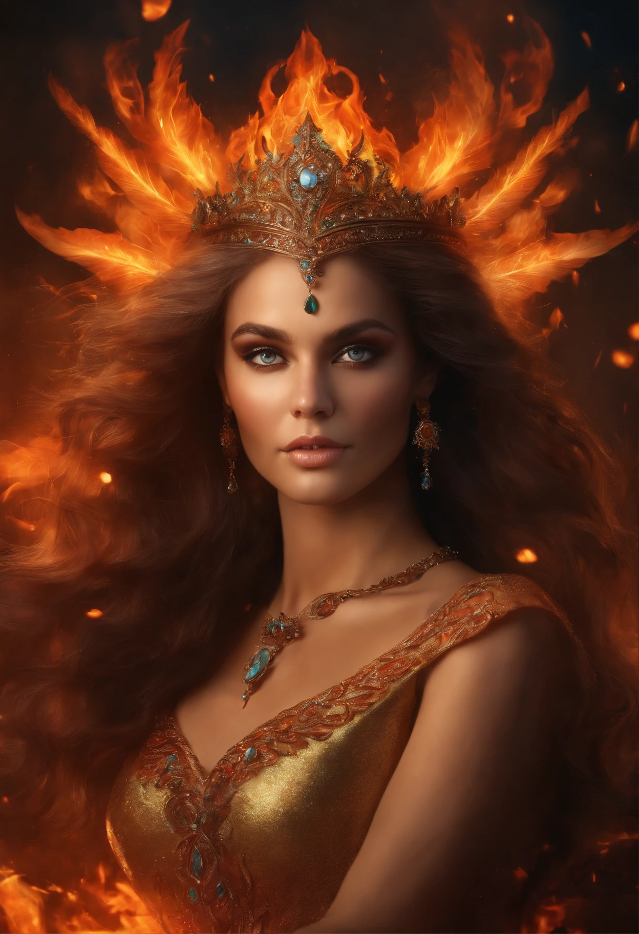 This is a realistic fantasy art work featuring realistic fire, Including a wisp of flame, Blazing embers, subtle cigarette, and a beautiful fire druid. The druid stands in the midst of a raging inferno,The composition is interesting. ella face is expertly sculpted, Featuring elegant and refined features with perfectly shaded and realistic skin textures. ella (Orange and gold eyes) Amazing,is the focus of this picture. (((ella eyes extremely detailed, 美丽细致的眼睛, and macro))). ella eyes feature intricate detailing with clearly defined irises and bright sclera. ella soft lips are smooth and very puffy, ella的皮肤装饰着淡淡的红晕和华丽的火焰细节. ella long gown is stunning and expensive, Made of pure fire,glittery, 华丽的珠宝在火光下glittery. ella billowing gown glitters from the flames and features a delicately and intricately embroidered bodice with wisps of flames running across it. Contains fantasy elements,such as bumps, steins, fiery red iridescence, Glowing embers, silkouette, and an interesting background. Includes fiery magical creatures,such as firebirds and fire butterflieudes an aura of magic and mystery. lamplight: Take advantage of the latest lighting trends to enhance the beauty of your artwork. cameras: Use dynamic composition to create a sense of urgency and excitement. Draw inspiration from the current fantasy genre, Includes popular artists on Artstation and Midjourney. ((tmasterpiece))