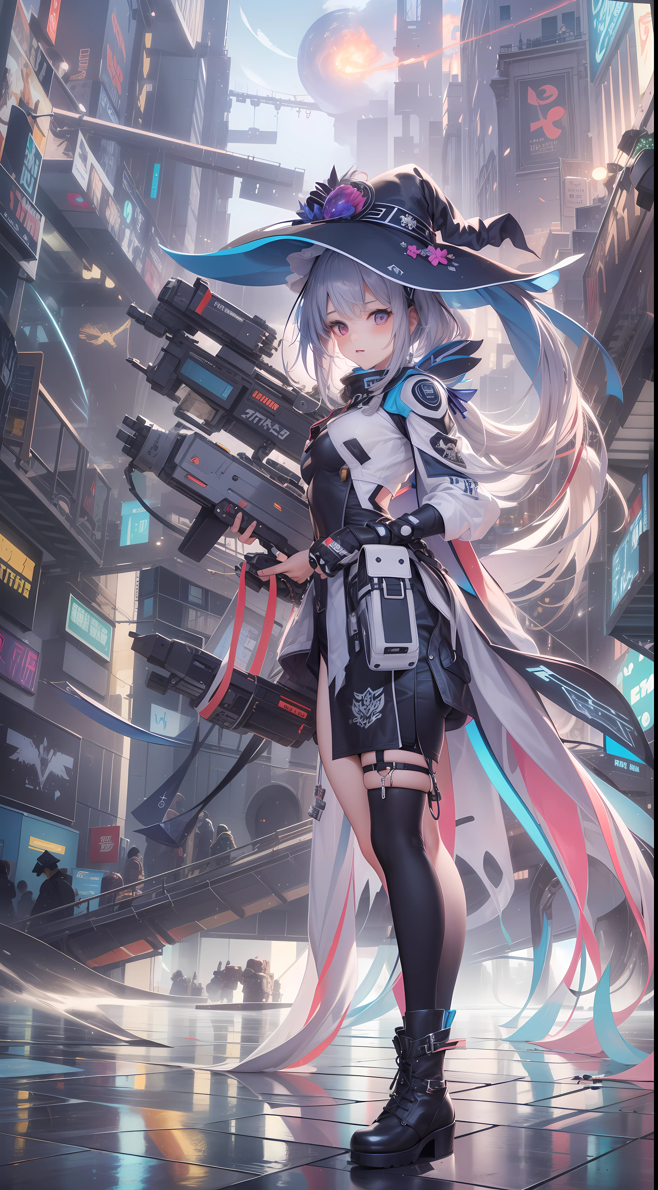 (((tmasterpiece)))、(((quality)))、((ultraclear))、(HD CG illustration)、((Extremely Delicately Beautiful))、The city of the future、电影灯光、独奏、cyber punk personage、2040s、and soul、dream girl、rainbow hair、Witch style、Magic Array、magical space、Popular topics on artstationh、Rachel Walker、