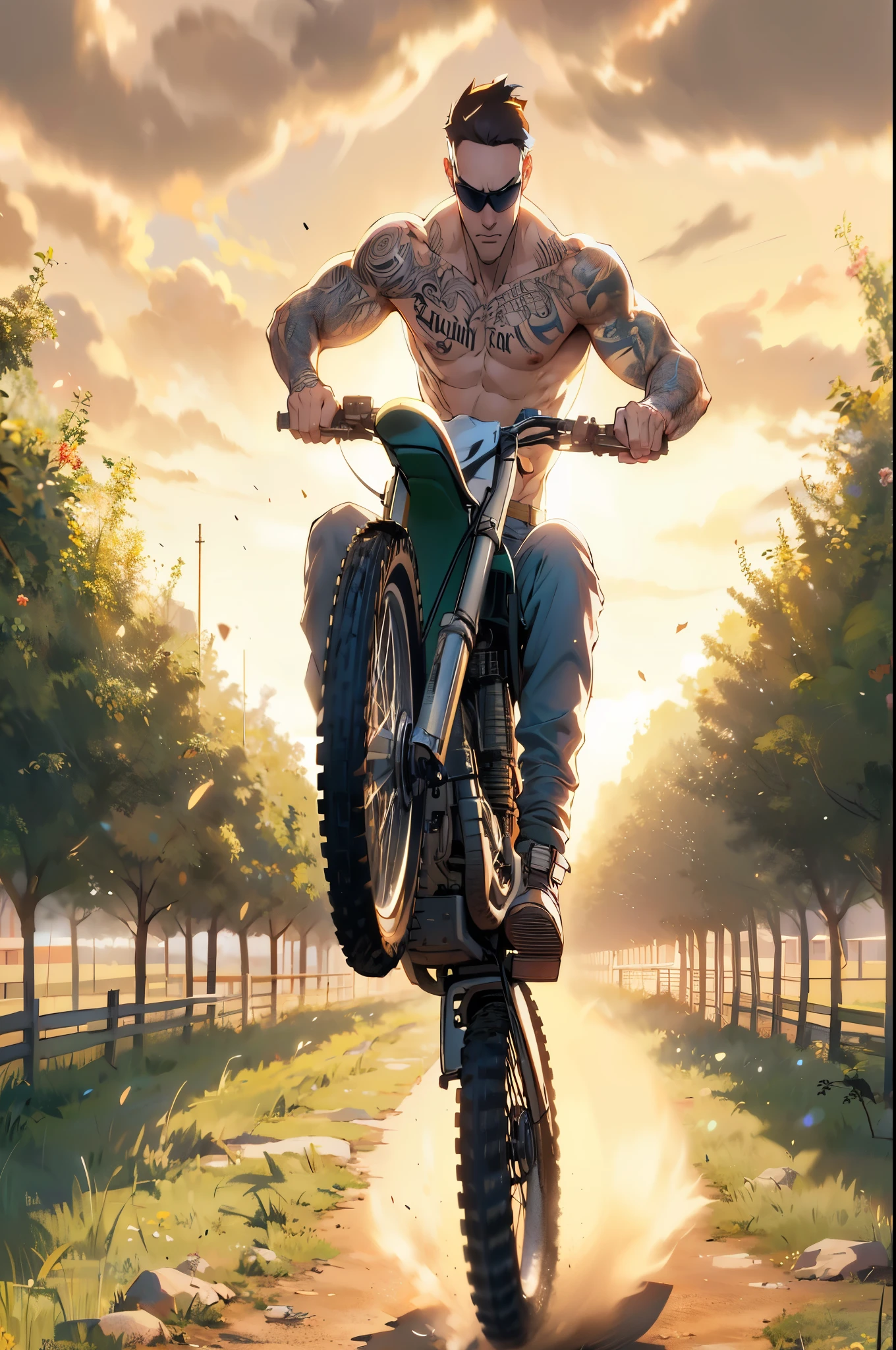 A man rides a motocross bike on a dirt road, Badass 8 K anime, from yowamushi pedal, Rob Rey and Kentaro Miura style, Tuff Luck anime epic, biker, biking, official artwork Highly detailed, artwork in the style of Guweiz, anime art wallpaper 8K, detailed digital anime art, reasonable design, Clear lines, High sharpness,Best quality, Very detailed, Masterpiece, movie light effect, 4K )