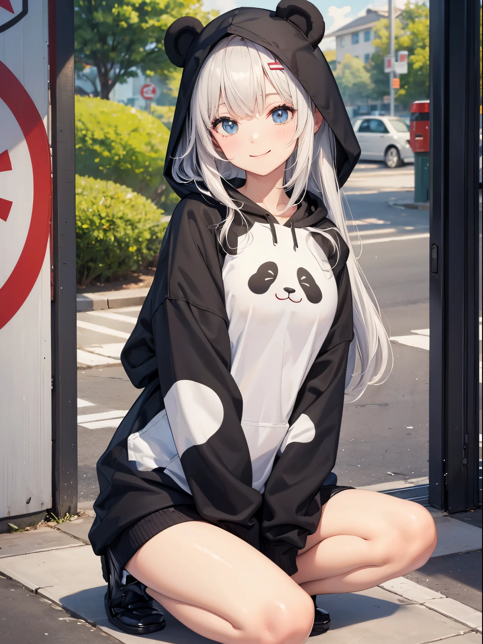 Panda girl, panda hoodie, black and white, smiling, Oversized hoodie, butterfly sitting on ground,