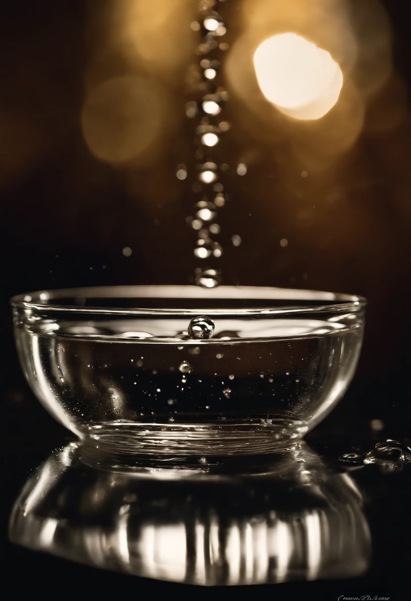 a high-speed shot of water droplets falling into a vibrating basin, freezing the moment when the droplets create captivating splashes and unique textures, highlighting the influence of vibration on the water’s behavior.