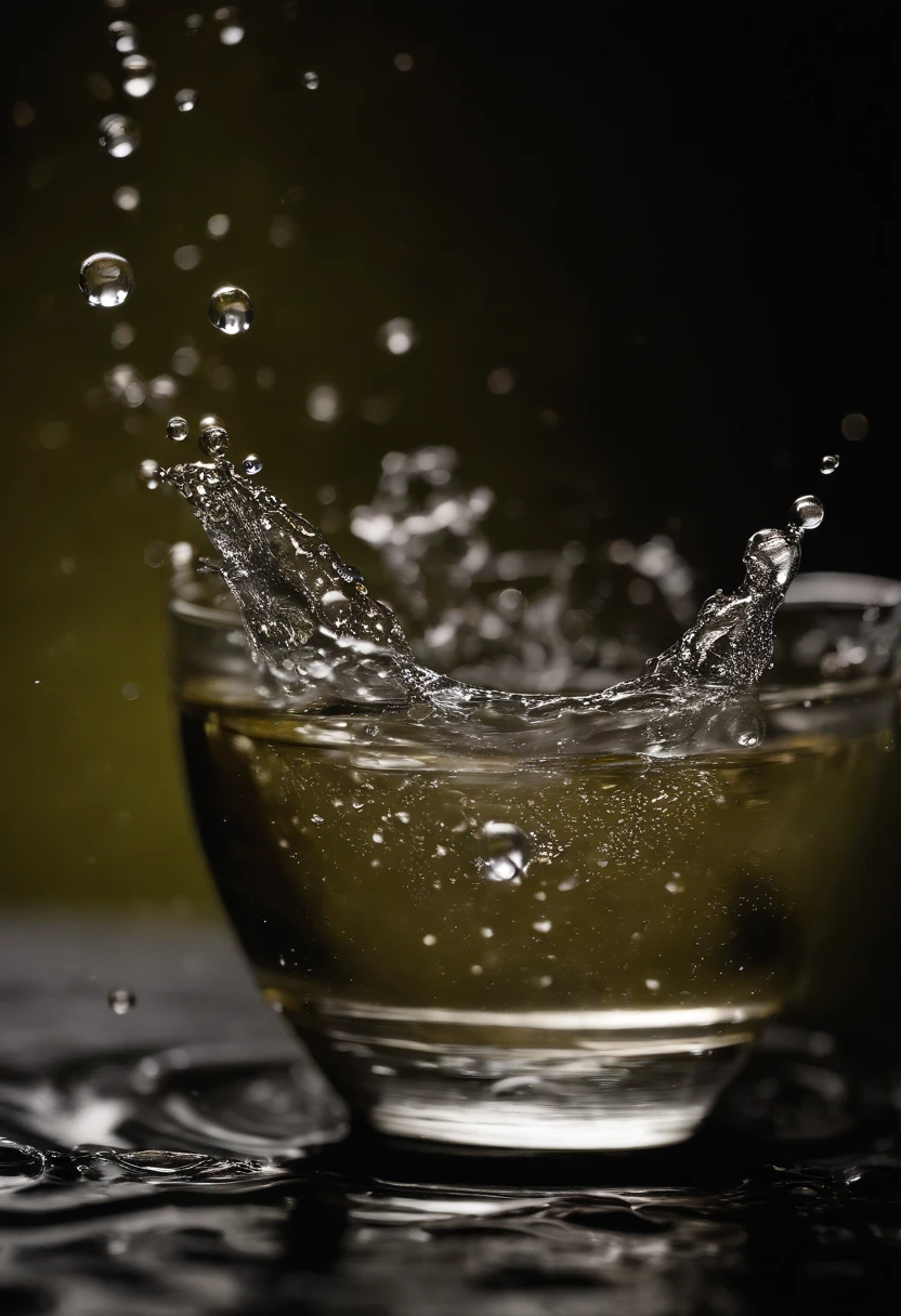 a high-speed shot of water droplets falling into a vibrating basin, freezing the moment when the droplets create captivating splashes and unique textures, highlighting the influence of vibration on the water’s behavior.