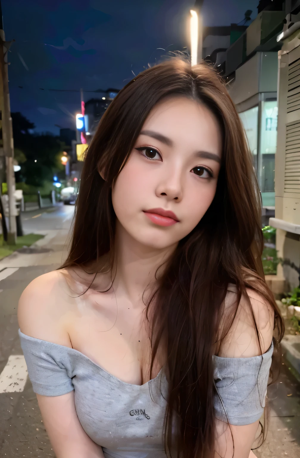 (8k, RAW photo, best quality, mastery:1.3), (realistic, photo-realistic:1.37), (looking viewer:1.331), (brunette hair), posing, Tokyo street, nightcityscape, cyberpunk city, soft light, 1girl, extremely beautiful face , Perfect body proportions, (small face: 1.1), bust, casual hairstyle, smile, big eyes, (off-shoulder clown outfit), mix4, detailed eyes