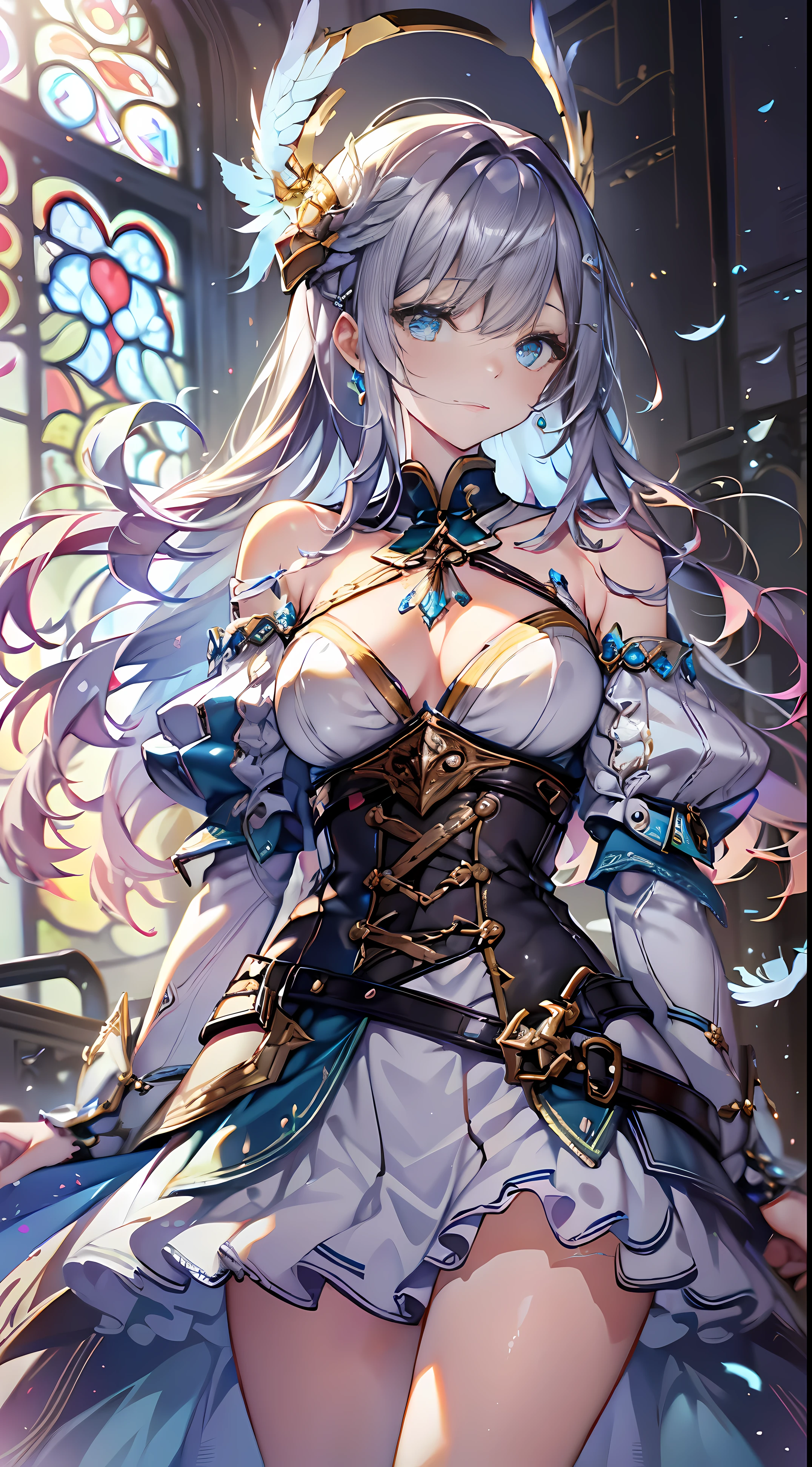 (offcial art、Best quality、Unity 8k壁纸、32K、tmasterpiece、ultra - detailed、超高分辨率、The best illustrations、Very ridiculous:1.2)、(电影灯光:1.2)、Fire glow effect、The most grainy shadows in film、edge lit、side lights、(ultra - detailed且复杂的 3D 渲染)、细致beauitful face庞和眼睛、Sharp pupils、realistic student、The slender one、1Man Woman、medium chest circumference、(Full body lesbian:1.2)、 beauitful face、Beautiful girl of 16 years old、(Ultra-delicate skin、detailed skin textures:1.3)、(Silver blonde、Blue-silver hair:1.butyric acid、longhairwithbangs、Green-eyed、3 braids 1 bundle、(blue armor、Blue Utru Helmet、inlaid gemstones、gold embroidery)、The slender one、mini-skirts、(upper legs, upper legs, upper legs:0.8)、(Chis、in a house、stained glass art、Large pipe organ、Hello、mistic、Lots of feathers floating、Angelic、Light particles、Serious、Sunshine is、Colorful、like a dream:1.2)、(like a dream:1.3)、(Holding the holy sword:1.0)、like a dream、Smiling smile