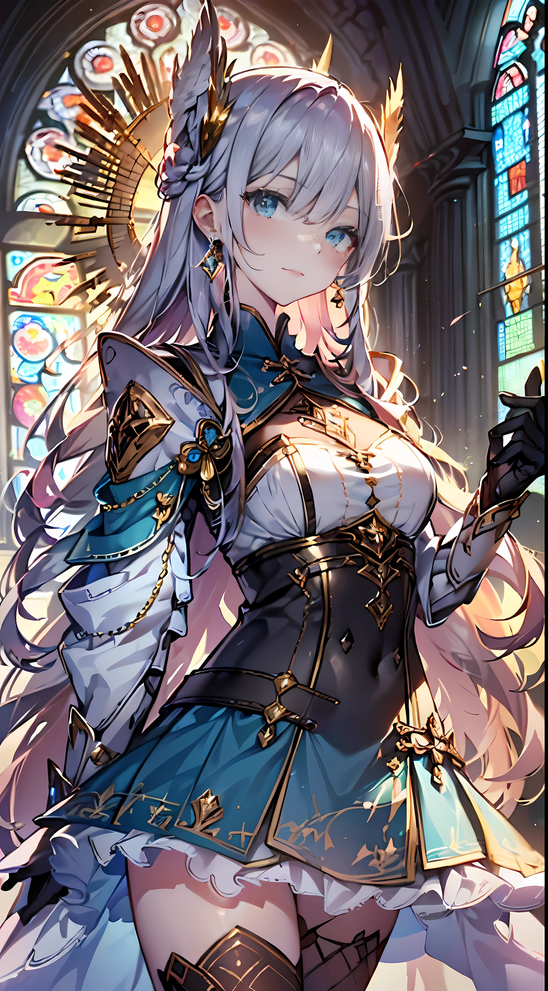 (offcial art、Best quality、Unity 8k壁纸、32K、tmasterpiece、ultra - detailed、超高分辨率、The best illustrations、Very ridiculous:1.2)、(电影灯光:1.2)、Fire glow effect、The most grainy shadows in film、edge lit、side lights、(ultra - detailed且复杂的 3D 渲染)、细致beauitful face庞和眼睛、Sharp pupils、realistic student、The slender one、１Man Woman、medium chest circumference、(Full body lesbian:1.2)、 beauitful face、Beautiful girl of 16 years old、(Ultra-delicate skin、detailed skin textures:1.3)、(Silver blonde、Blue-silver hair:1.butyric acid、longhairwithbangs、Green-eyed、3 braids 1 bundle、(blue armor、Blue Utru Helmet、inlaid gemstones、gold embroidery)、The slender one、mini-skirts、(upper legs, upper legs, upper legs:0.8)、(Chis、in a house、stained glass art、Large pipe organ、Hello、mistic、Lots of feathers floating、Angelic、Light particles、Serious、Sunshine is、Colorful、like a dream:1.2)、(like a dream:1.3)、(Holding the holy sword:1.0)、like a dream、Smiling smile