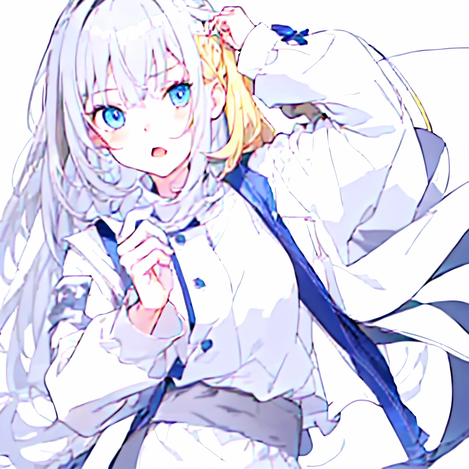 【Highest Quality, masutepiece】  [(1girl:1.5), expressioness, (blonde hair:1.5), long hair, (blue eyes:1.3), hairband ribbon, slender beauty, Upper body] (Gray white background:1.7),