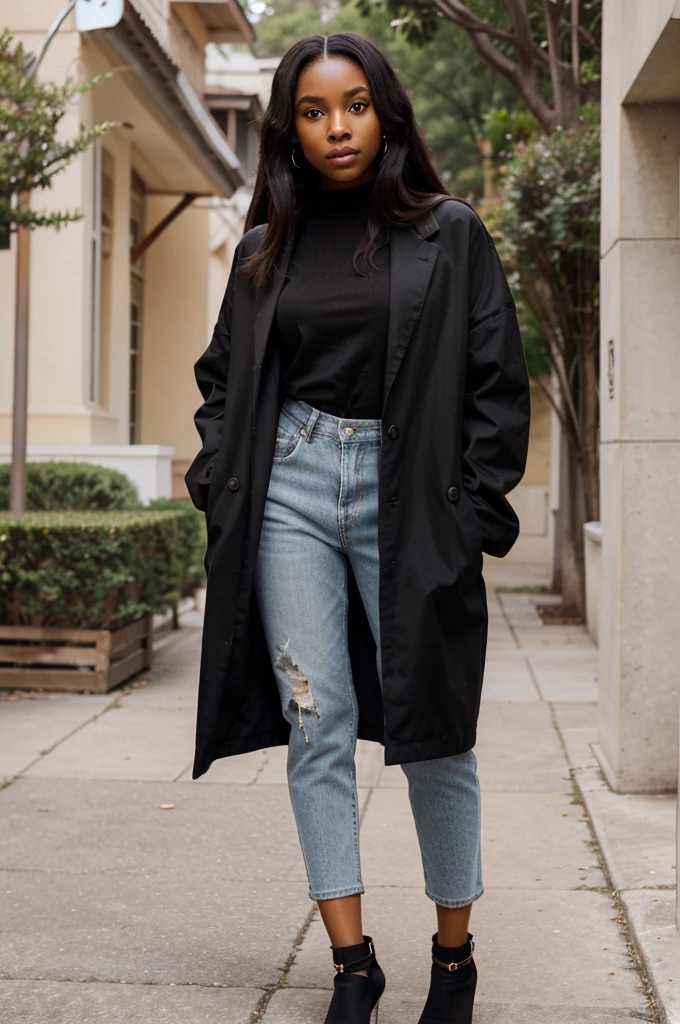 turn this image into a photo shoot of a black woman who looks like Halle Bailey with black eyes, classic and old money clothes for the launch of a digital fashion influencer