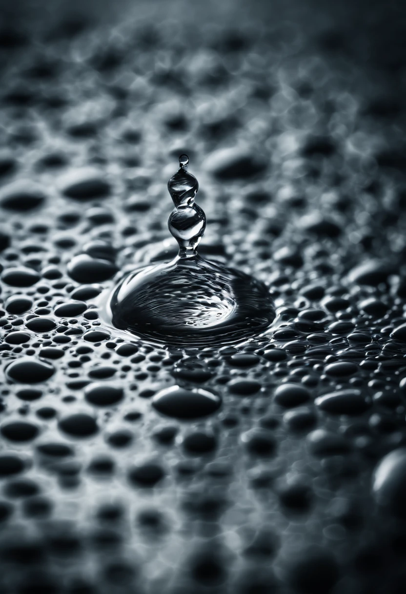 an abstract shot of water droplets on a vibrating surface, with multiple droplets creating unique and unpredictable patterns, showcasing the chaos and beauty that arises from the influence of vibration on water