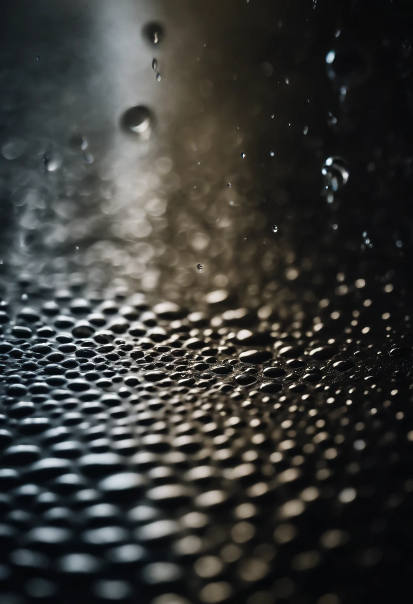 an abstract shot of water droplets on a vibrating surface, with multiple droplets creating unique and unpredictable patterns, showcasing the chaos and beauty that arises from the influence of vibration on water