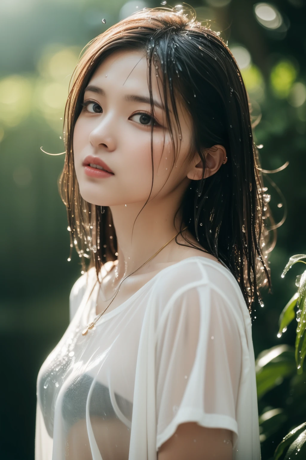 asian lady wear (((wet loose T-shirt))) ,(((wet))), rain, wide neck, black strap, necklace, small breast, rounded shape breast,  ((she)), ((mid-shot, full body, slender waist)), Hair Up Do、 Glowing eyes, nose blush, Carl Larsson, Alfonse Mucha, Chiaroscuro, Film Glenn, reflective light, (((mid-Shot))), waist to top,longshot show full body, masterpiece, high details, sun light on her, leaf shading, (()) ,