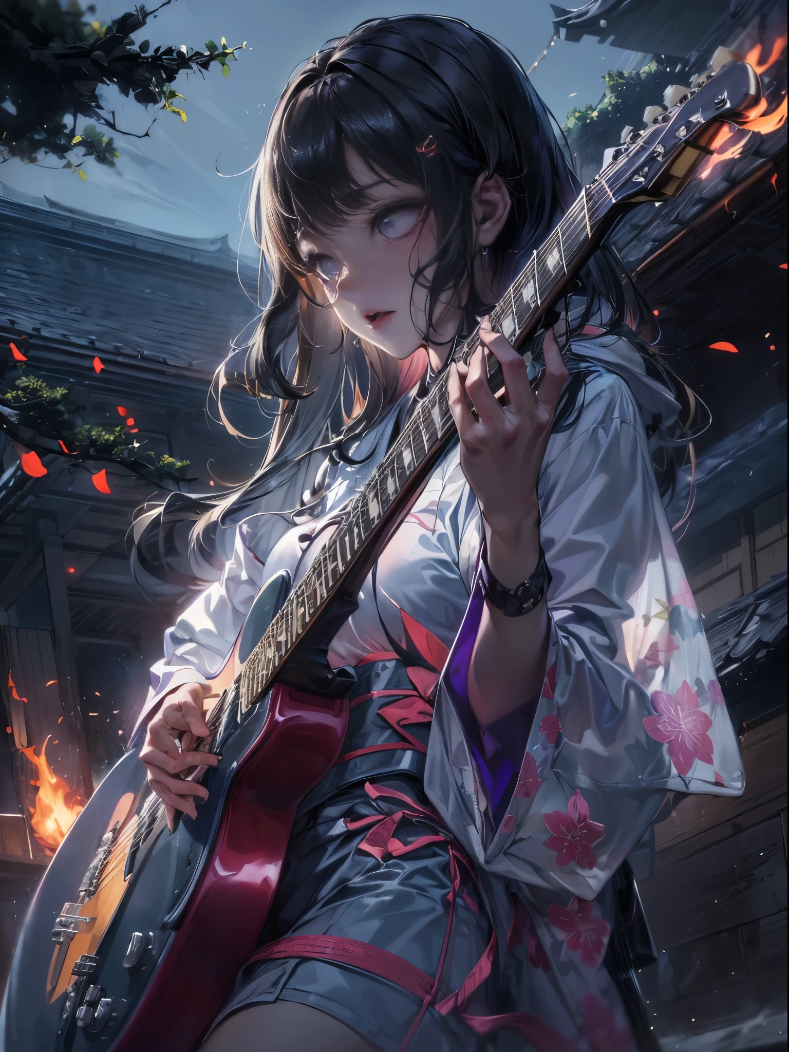 Cinematic lighting,super detailed skin、Beautiful quality with attention to detail,Perfect Anatomy,(Alternative、dim colors, Soothing tones:1.3),(Detailed beautiful facial features、A dark-haired、Aligned bangs、Long:1.3)A girl wearing a glamorous and flashy white kimono、 (girl playing the guitar vigorously、Highly detailed hands:1.2)The grounds overlooking Kiyomizu-dera waterfall in winter、(the guitar is on fire🔥、Purple Flame:1.4)Play the guitar(Highly detailed feet)thaw season、Dynamism(deep in the night、moon shining、beautiful night:1.5)fullllbody