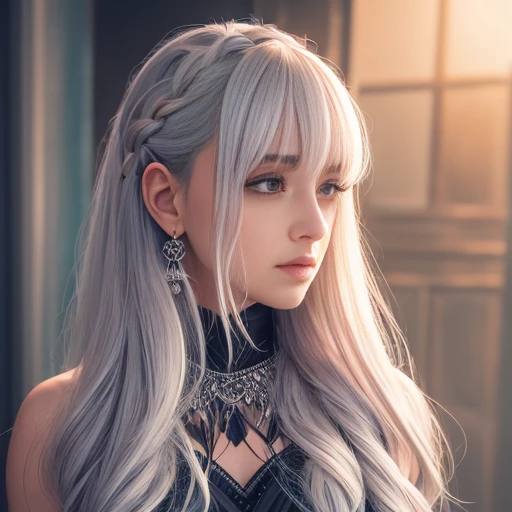 silver hair, pink hair, bangs, curly hair, french braid, long hair, parted bangs, very long hair, crystal hair, absurdly long hair, aqua eyes, orange eyes, hoop earrings, pointy ears, long pointy ears, Romanticism, Expressionism, Hyperrealism, cinematic lighting, drop shadow, pov, from below, Wide-Angle, UHD, retina, anatomically correct, textured skin, high details, high quality, best quality, highres, 4K, 8k, 8k