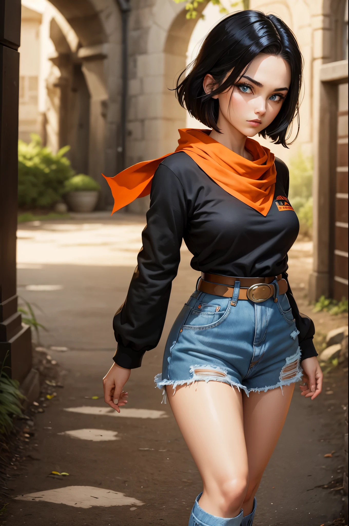 (masterpiece), best quality, expressive eyes, perfect face, highres, 1 girl, solo, android 17 girl, (female body:1.3), blue eyes, black hair,parted hair,short hair, black shirt, jeans, layered shirt, white sleeves,orange bandana, blue sneakers, green socks, brown belt, red patch, outdoor, landscape, standing, portrait, looking at the viewer