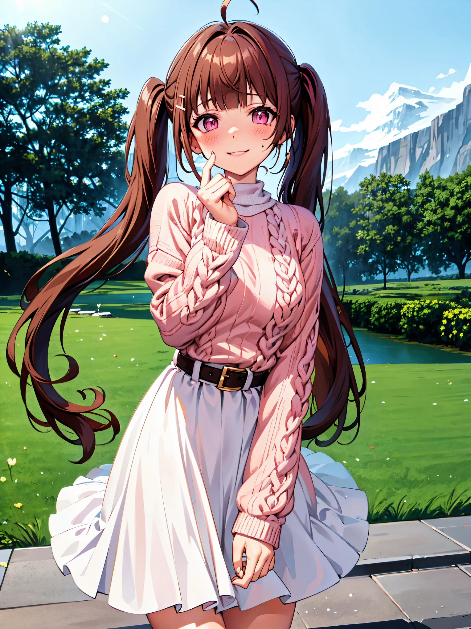 {{{{masterpiece}}}}, {{{hyper detailed}}}, {{{highres}}}, {{good anatomy}}, (((best quality))), ((anime style,anime charater)),(((pink eyes,brown hair))),natural landscape ,big perfect eyes,(((winter sweater))), hairclip, {8k cg wallpaper}, {{illustration,upper shot}},((blunt bangs|middle hair|long twintails)),smile,(1girl:1), solo, (chromatic aberration:1.2), little shy smile,cheery blush face,neat face,