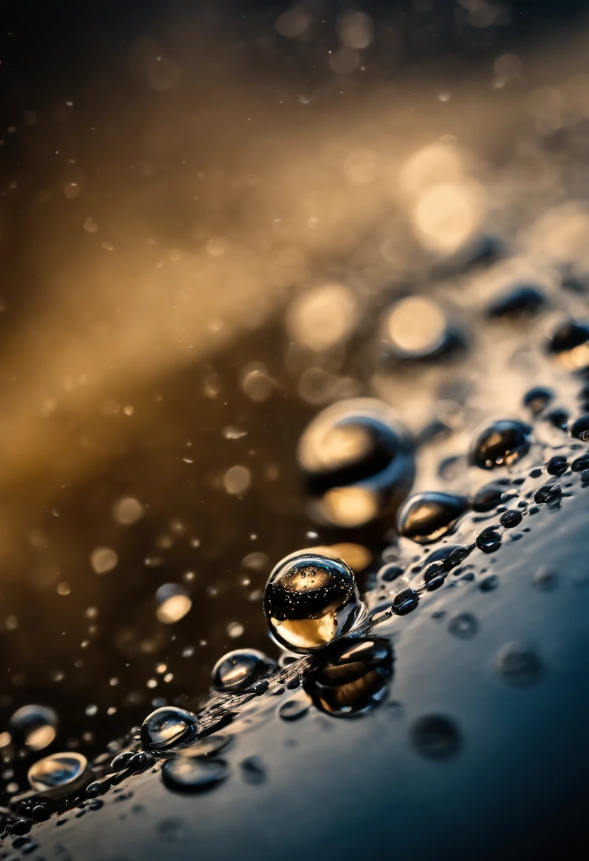 an abstract shot of water droplets on a vibrating surface, with multiple droplets creating unique and unpredictable patterns, showcasing the chaos and beauty that arises from the influence of vibration on water