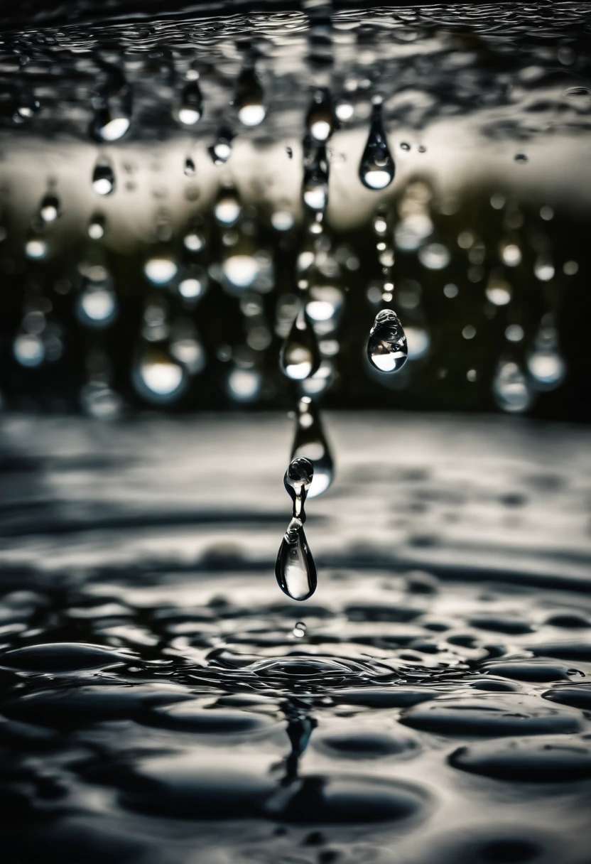 an abstract shot of water droplets on a vibrating surface, with multiple droplets creating unique and unpredictable patterns, showcasing the chaos and beauty that arises from the influence of vibration on water