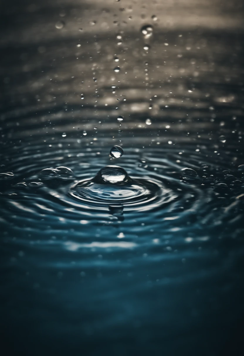 an abstract shot of water droplets on a vibrating surface, with multiple droplets creating unique and unpredictable patterns, showcasing the chaos and beauty that arises from the influence of vibration on water