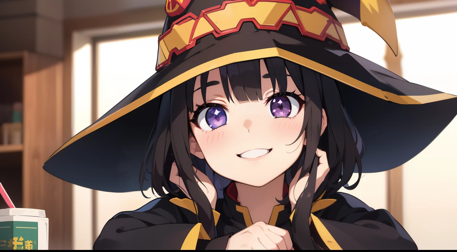 ((best quality)), ((master piece)), (circumstancing), perfect face, A girl with her hands pressing her cheek, inspired by the character Megumin from the anime Konosuba, perfect girl with a happy smile, dressed as a kitten, background as per the image, violet eyes shining stars, anime 80s