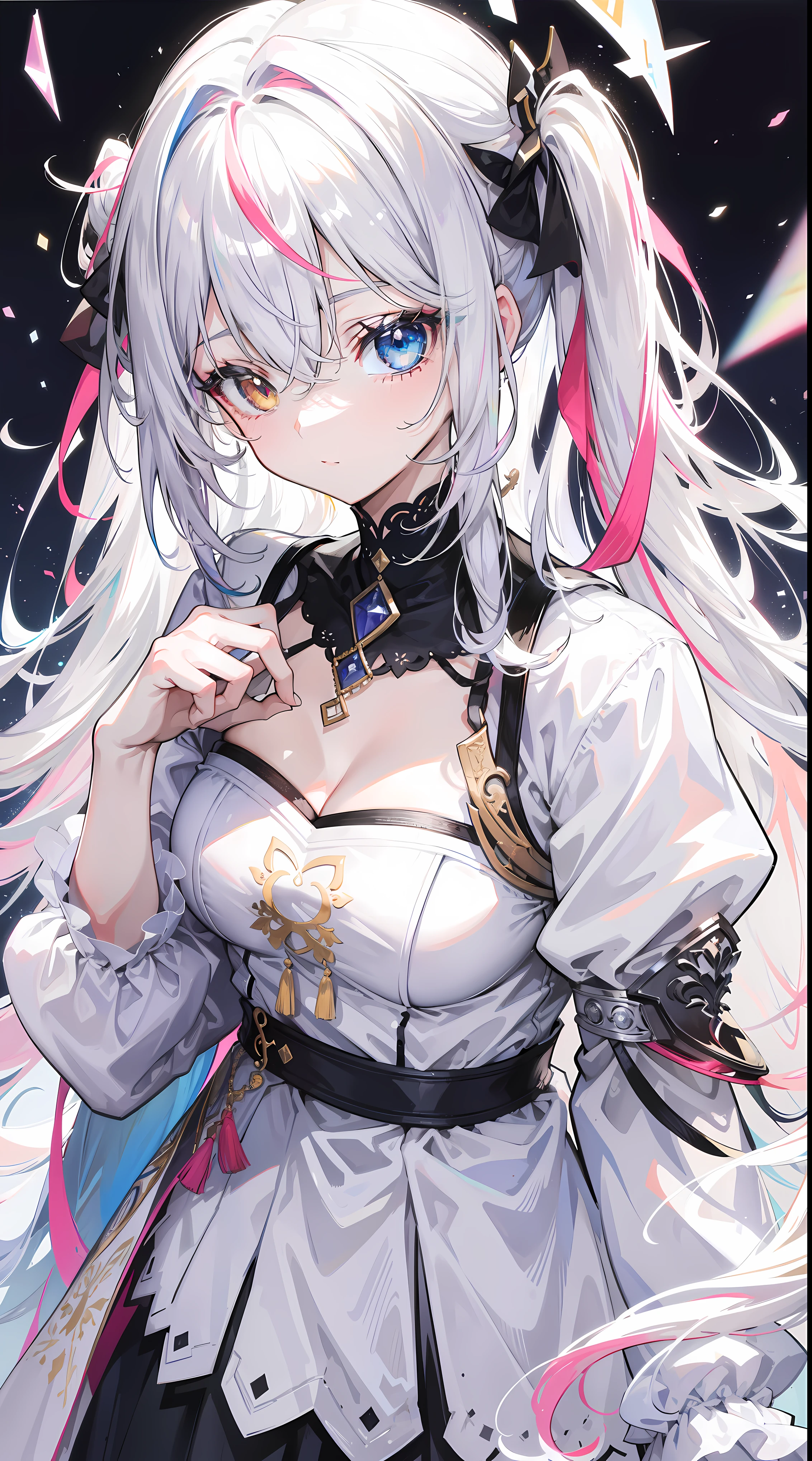 {{tmasterpiece}},Beautiful and detailed colors,multicolour hair,Colorful light,Particulate matter,Heterochromia,(One color:1.5),(Hair color:1.5),